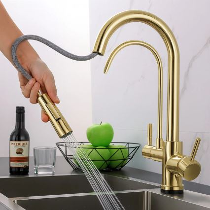 REA-B8989 - 37,5 cm-es mosogatócsaptelep kihúzható kifolyóval és ECO FRESH szűréssel, aranyszínű