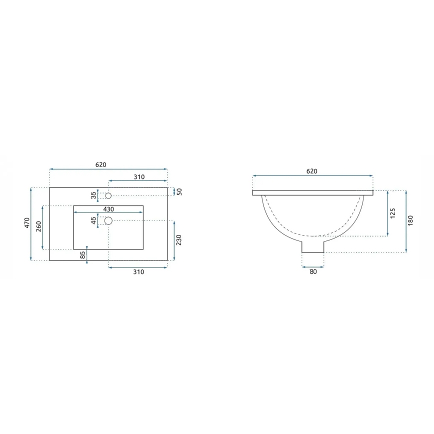 REA-U0786 - Beépíthető mosdó DAFNE 47x62 cm kerámia/fényes fehér