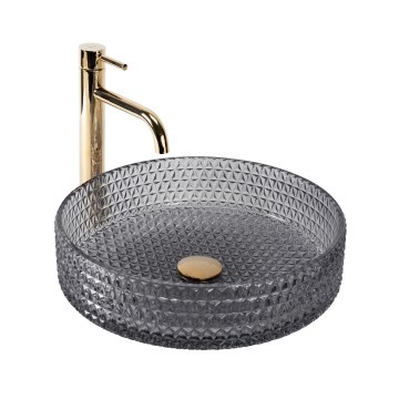 REA-U8880 - Pult fölé szerelhető mosdó CRISTAL, átmérő 39 cm, üveg/füstszürke