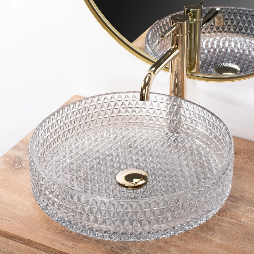 REA-U8881 - CRISTAL ráépíthető mosdó, átmérő 39 cm, üveg/átlátszó