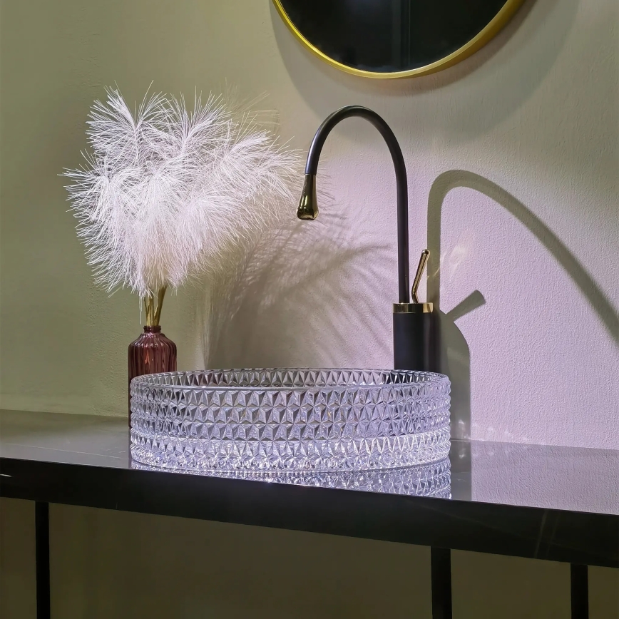 REA-U8881 - CRISTAL ráépíthető mosdó, átmérő 39 cm, üveg/átlátszó