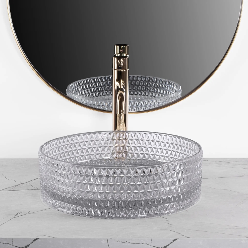 REA-U9615 - CRISTAL ráültethető mosdó, átmérő 35,5 cm, üveg/szürke