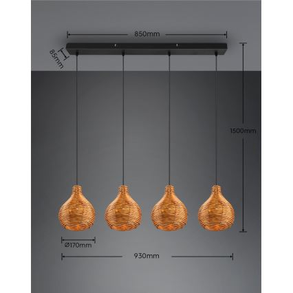 Reality - Kábelen függő csillár SPROUT 3xE14/40W/230V barna/rattan