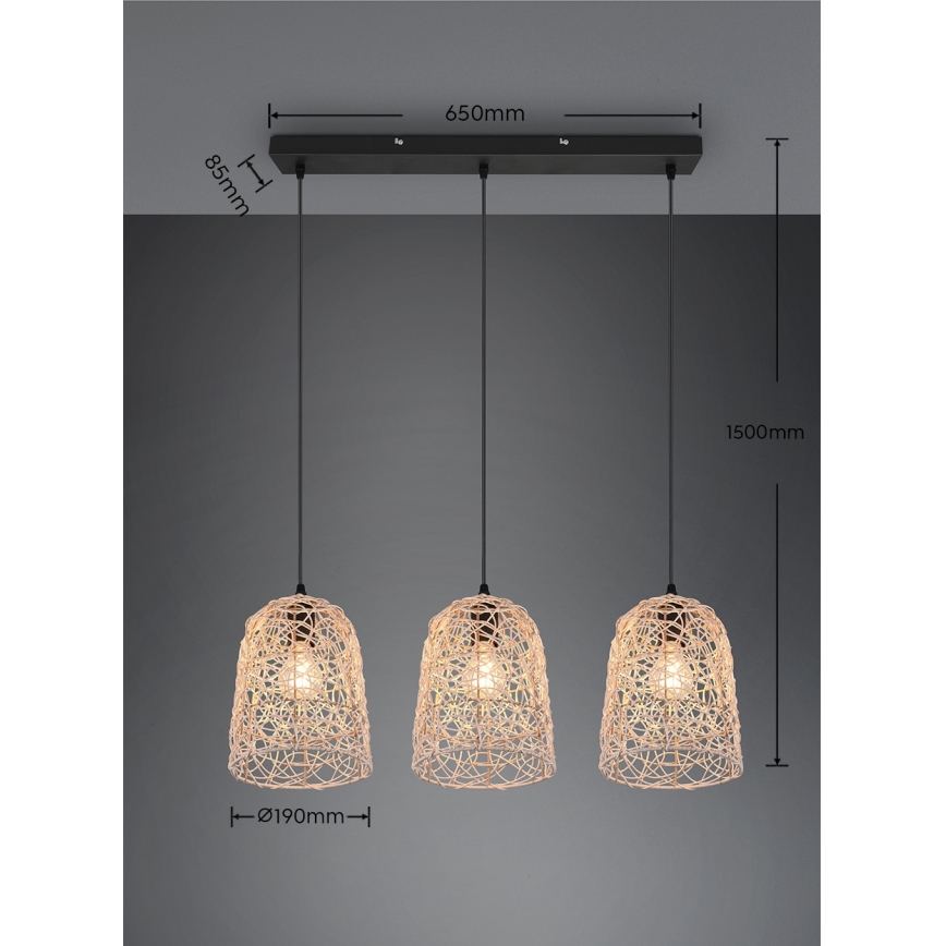 Reality - Kábelen lógó csillár LOVIS 3xE27/40W/230V fekete