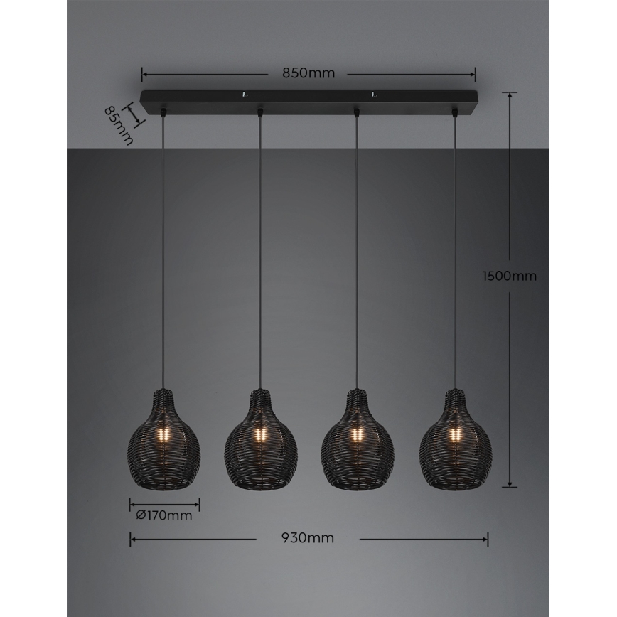 Reality - SPROUT zsinóros csillár 4xE14/30W/230V fekete/rattan