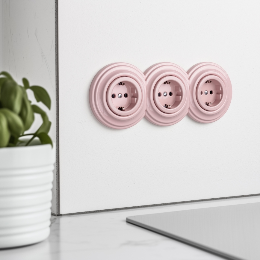 Reblig - Hármas retro fali dugalj kerettel SCHUKO 230V antik rózsaszín