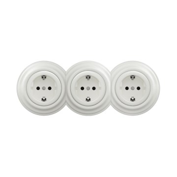Reblig - Hármas retro háztartási fali aljzat kerettel, SCHUKO 230 V, kerámia, fehér