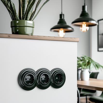 Reblig - Háromaljzatú retro fali aljzat kerettel SCHUKO 230V zöld
