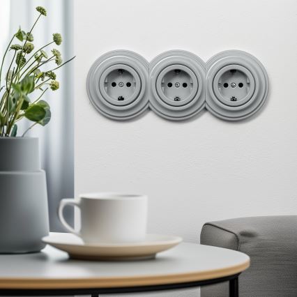 Reblig - Háromfoglalatos retro háztartási fali konnektor kerettel SCHUKO 230V szürke