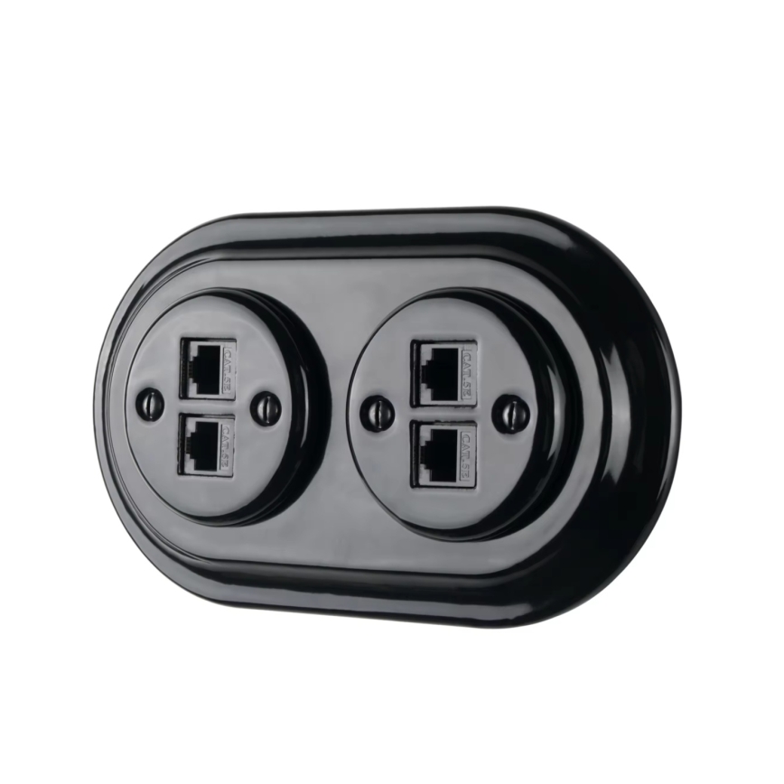 Reblig - porcelán retro Ethernet aljzat kerettel, 2× CAT5e, fekete
