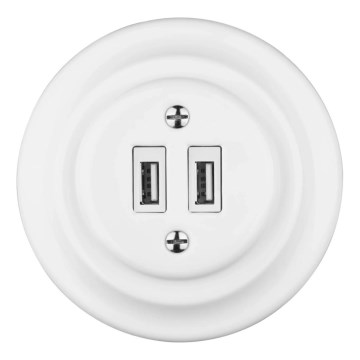 Reblig - Porcelán retro USB fali konnektor kerettel, 2× USB-A, fehér