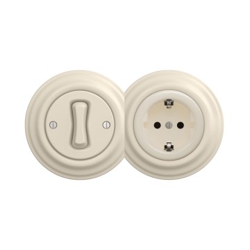 Reblig - Retro egypólusú 1-es kapcsoló és SCHUKO 230V aljzat kerettel, bézs