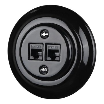 Reblig - Retro porcelán Ethernet aljzat kerettel 2xCAT.5E fekete