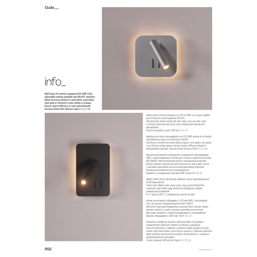 Redo 01-1492 - QUDA LED fali lámpa LED/6W/230V + LED/3W CRI 90 USB fekete