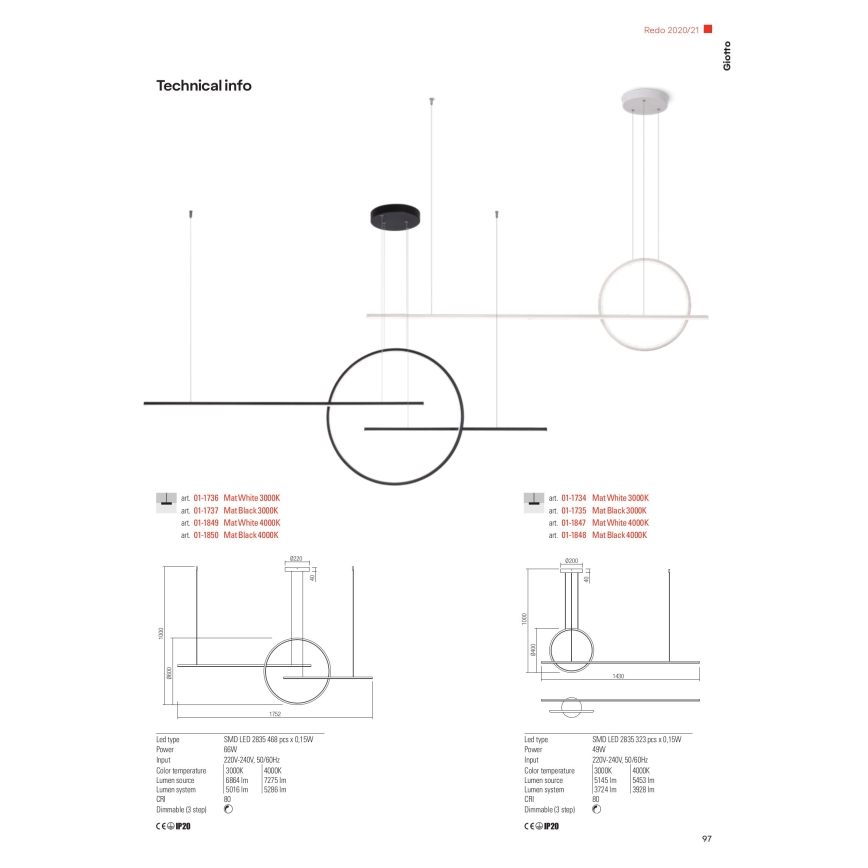 Redo 01-1735 - LED dimmelhető függeszték kábelre GIOTTO LED/46W/230V fekete