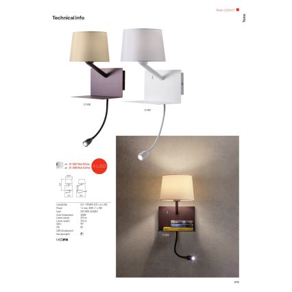 Redo 01-1807 - LED fali lámpatest TOMO flexibilis olvasólámpával 1xE27/42W/230V + LED/3W/230V fehér