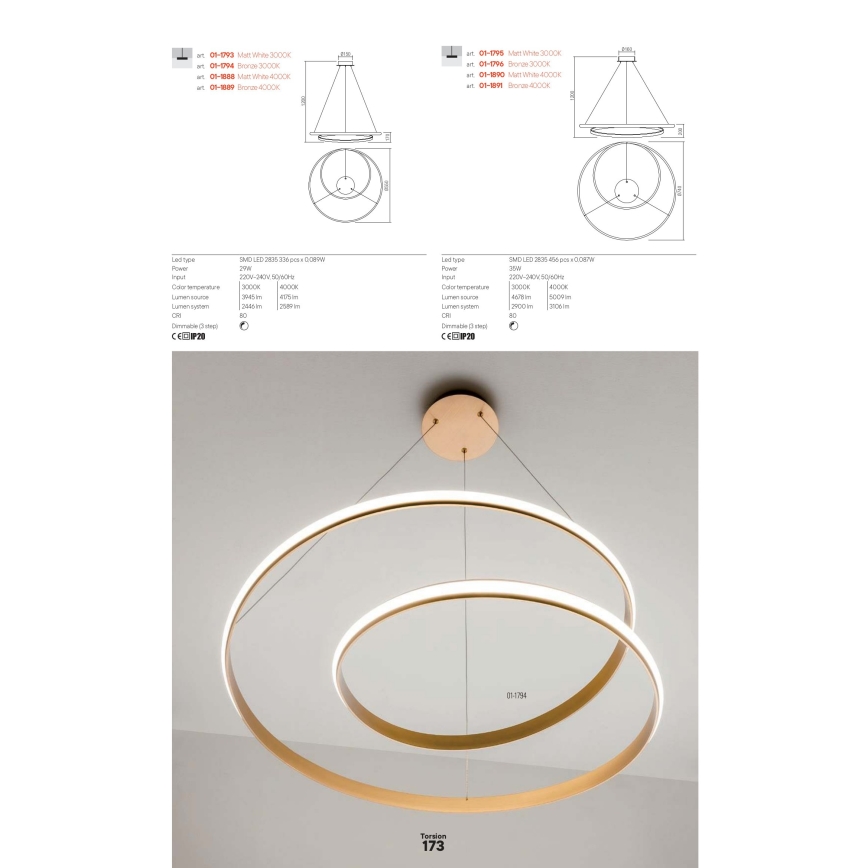 Redo 01-1891 - Fényerőszabályozható LED kábeles csillár TORSION LED/35W/230V átm. 75 cm bronzszínű