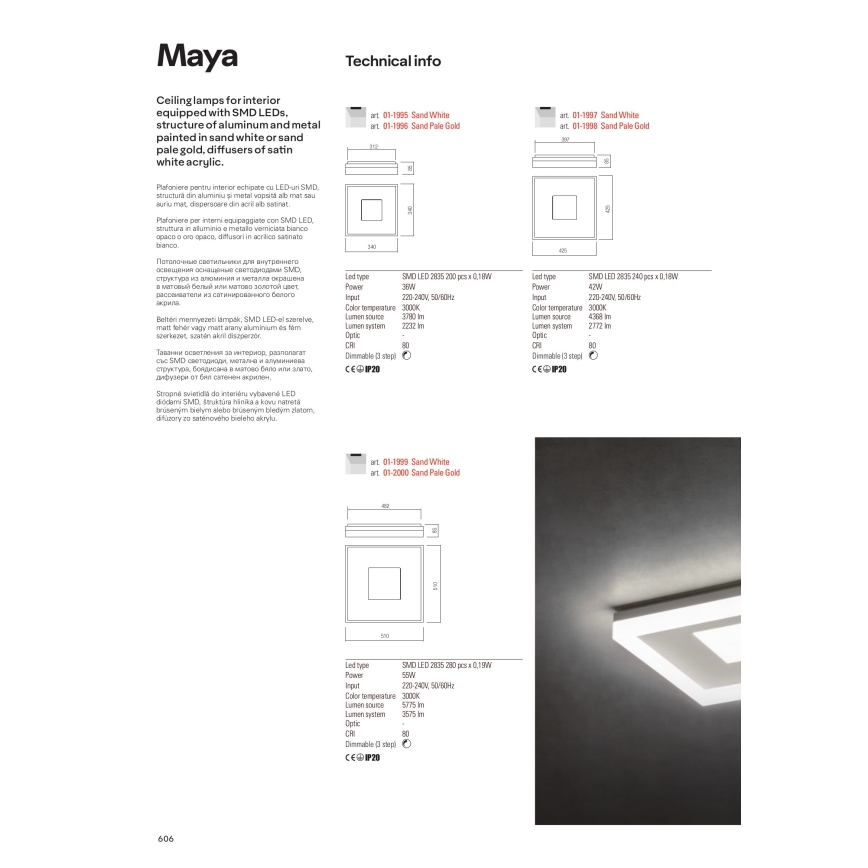 Redo 01-1998 - LED fényerőszabályozható mennyezeti lámpatest MAYA LED/42W/230V 42,5x42,5 cm arany