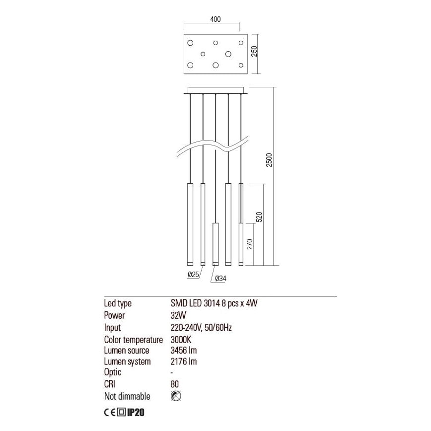 Redo 01-2049 - LED Csillár zsinóron MADISON 8xLED/4W/230V fényezett króm/fekete/réz