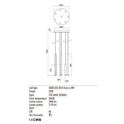Redo 01-2052 - LED Csillár zsinóron MADISON 8xLED/4W/230V fekete