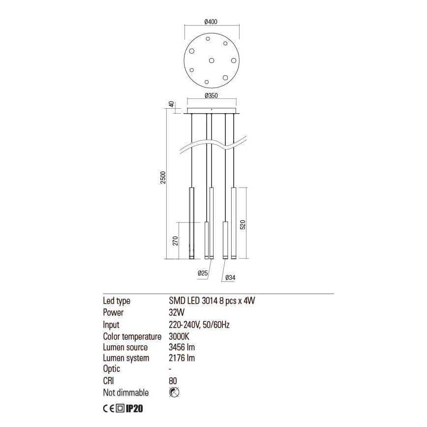Redo 01-2052 - LED Csillár zsinóron MADISON 8xLED/4W/230V fekete
