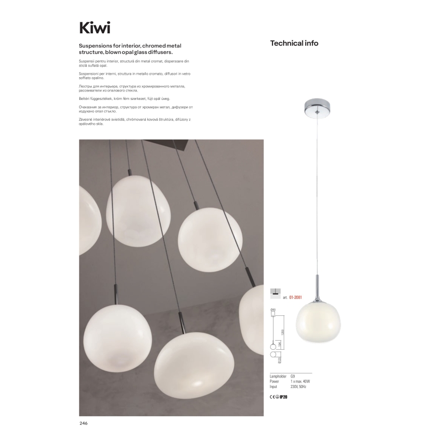 Redo 01-2081 - KIWI kábeles függőlámpa 1xG9/40W/230V, átmérő 12 cm, fényes króm/fehér