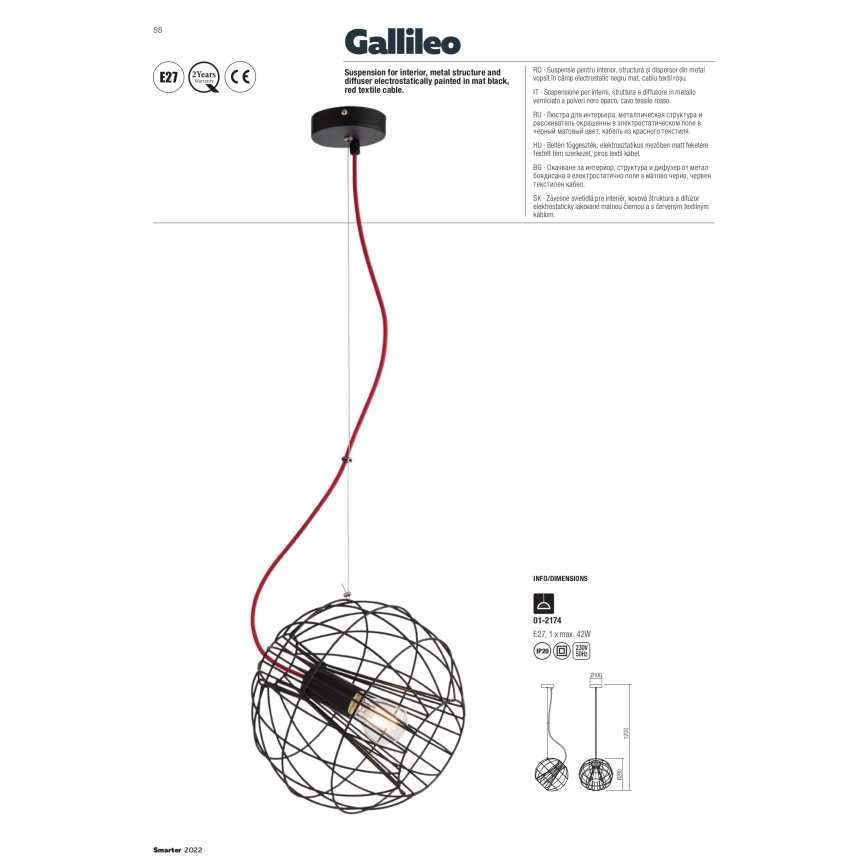 Redo 01-2174 - Csillár zsinóron GALLILEO 1xE27/42W/230V