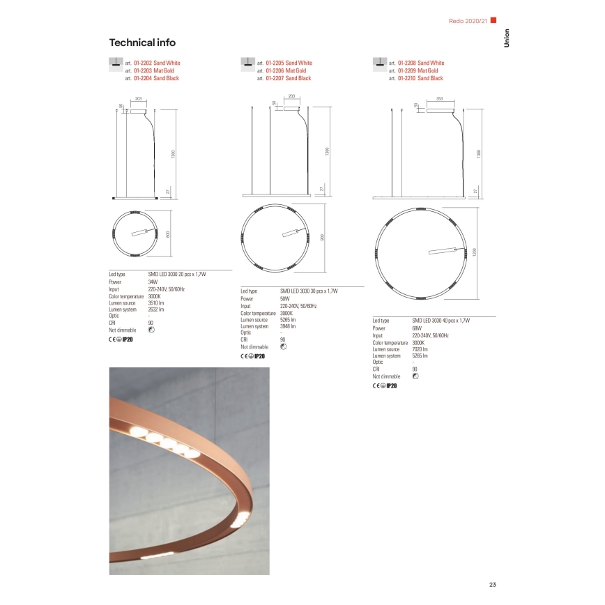 Redo 01-2207 - LED Csillár zsinóron UNION LED/50W/230V CRI 90 3000K átm. 90 cm fekete
