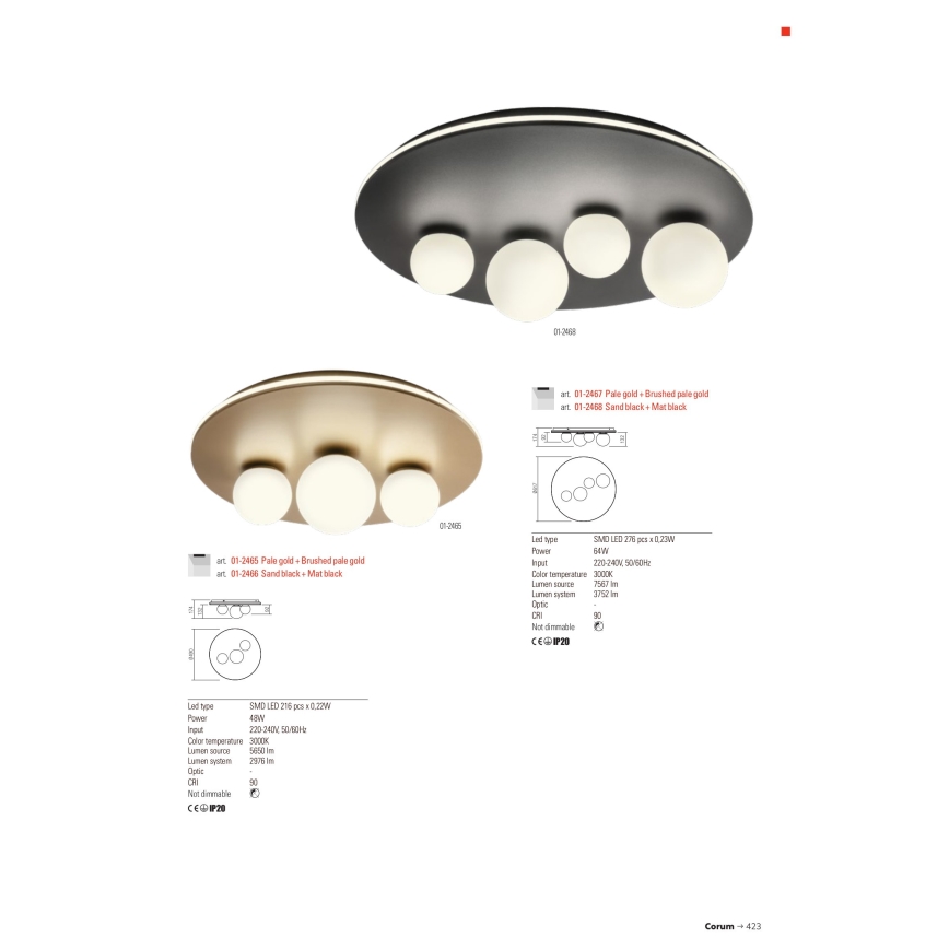 Redo 01-2466 - CORUM LED mennyezeti lámpatest 48W/230V 3000K CRI 90 fekete