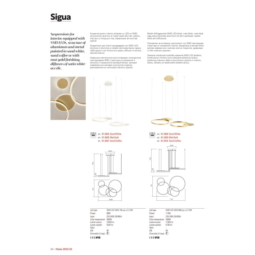 Redo 01-2608 - SIGUA LED kábeles csillár, fényerőszabályozható, 114W, 230V, CRI 90, fehér
