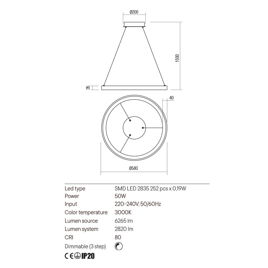 Redo 01-2673 - LED Dimmelhető csillár zsinóron ICONIC LED/50W/230V átm. 58 cm arany