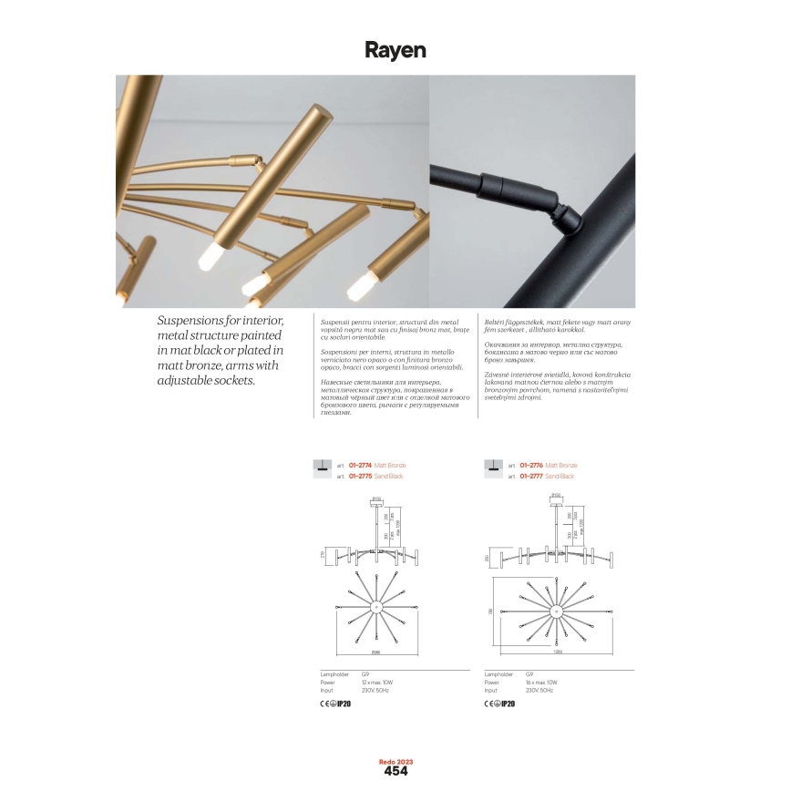 Redo 01-2774 - Csillár rúdon RAYEN 12xG9/10W/230V bronz