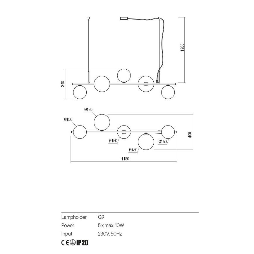 Redo 01-2779 - Csillár rúdon ROY 5xG9/10W/230V