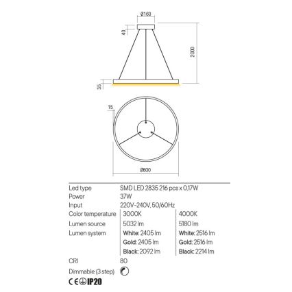 Redo 01-2865 - LED dimmelhető zsinóros csillár FEBE LED/37W/230V arany