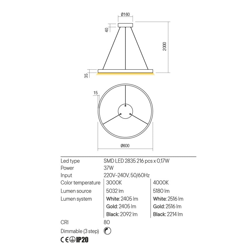 Redo 01-2865 - LED dimmelhető zsinóros csillár FEBE LED/37W/230V arany