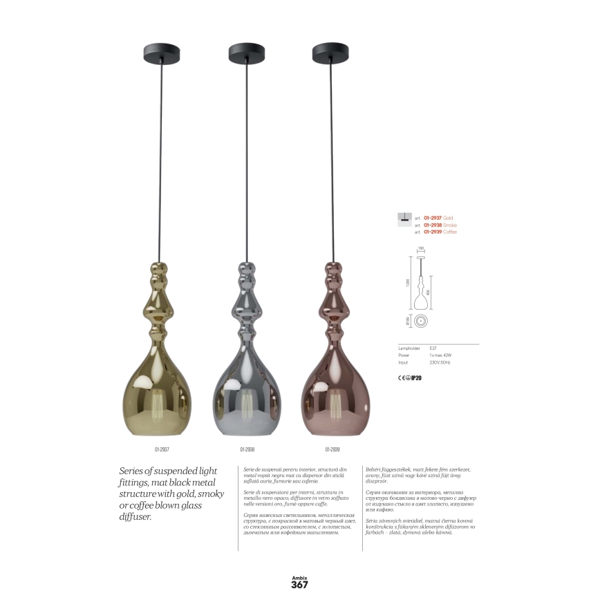 Redo 01-2939 - AMBIX kábeles csillár, 1x E27/42W/230V, átm. 18 cm, barna