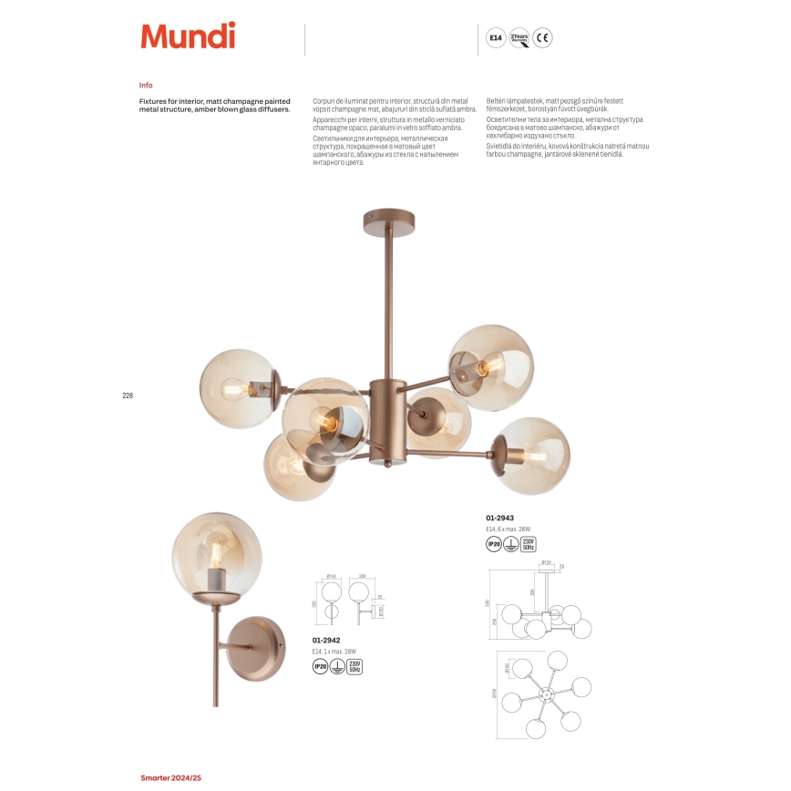 Redo 01-2943 - MUNDI rúdos csillár 6xE14/28W/230V réz/füstszínű