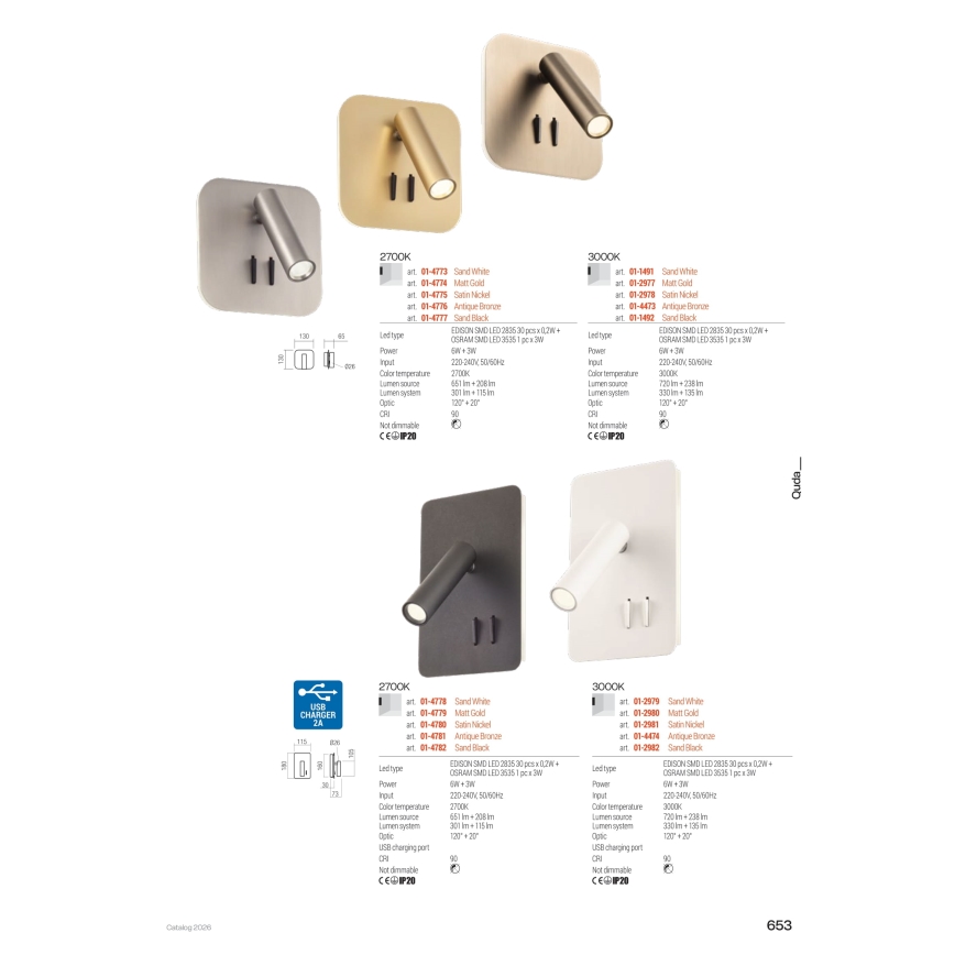 Redo 01-2977 - QUDA LED fali lámpa LED/6W/230V + LED/3W 3000K CRI 90 arany