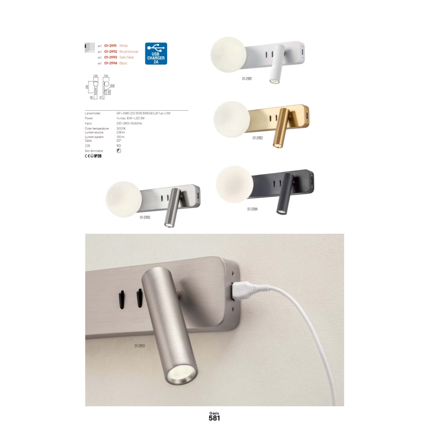 Redo 01-2993 - LED fali lámpa OASIS LED/3W/230V + 1xG9/10W USB CRI 90 fényes króm