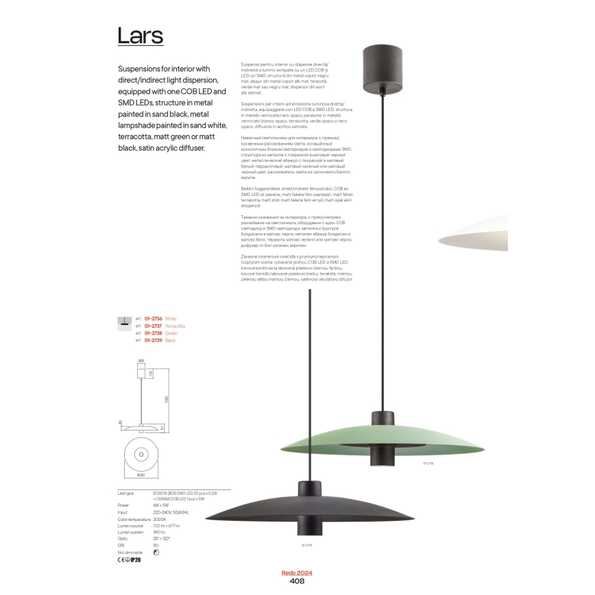 Redo 01-3018 - LED csillár kábelre függesztett LARS LED/14W/230V + LED/10W Ø 60 cm CRI 90 fehér