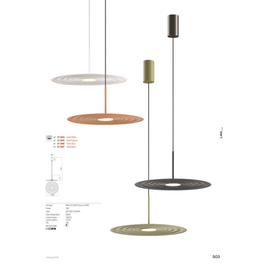 Redo 01-3045 - LAKE LED függeszték kábellel, 13W, 230V, CRI 90, átmérő 50 cm, narancssárga