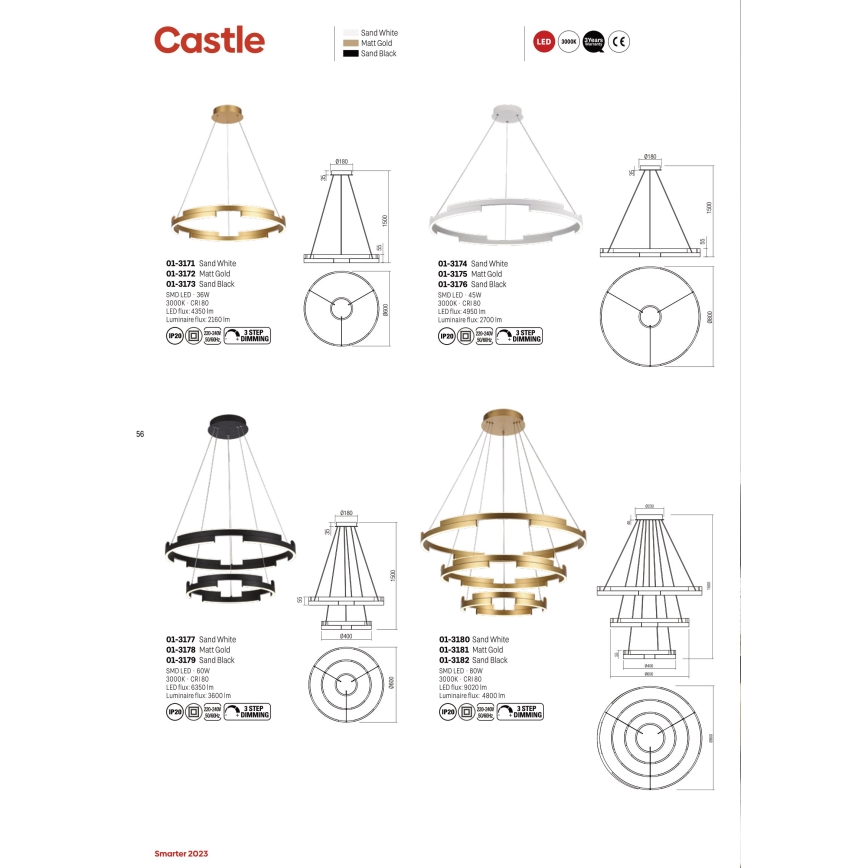 Redo 01-3172 - LED Dimmelhető csillár zsinóron CASTLE LED/36W/230V arany