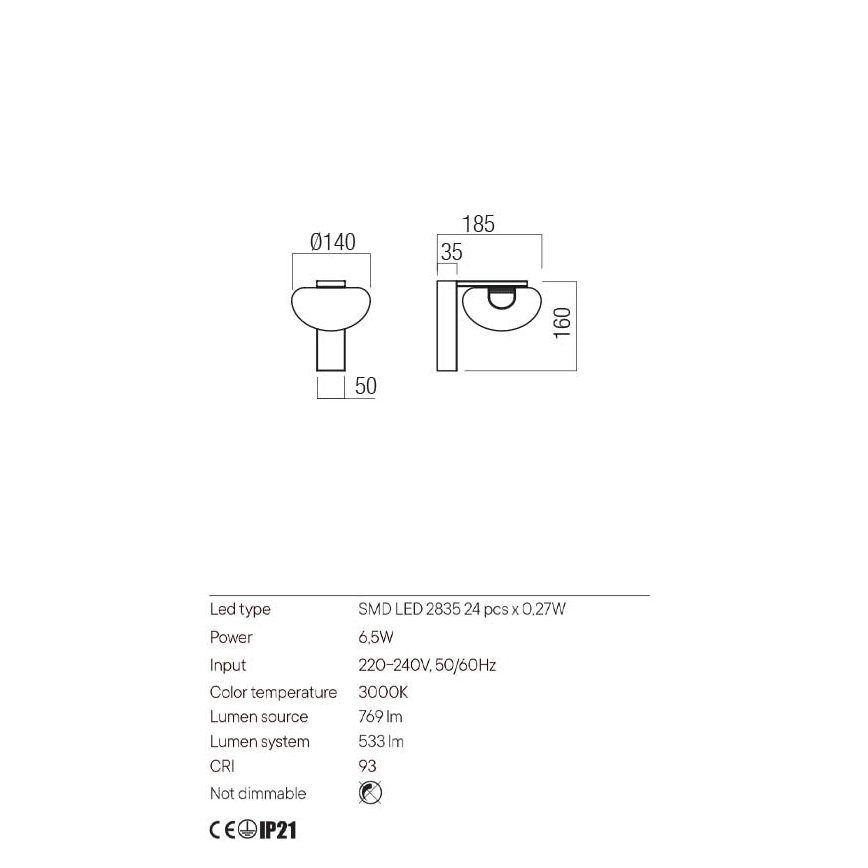 Redo 01-3242 - LED fali lámpa SINCLAIR LED/6,5W/230V CRI 93 IP21 fekete