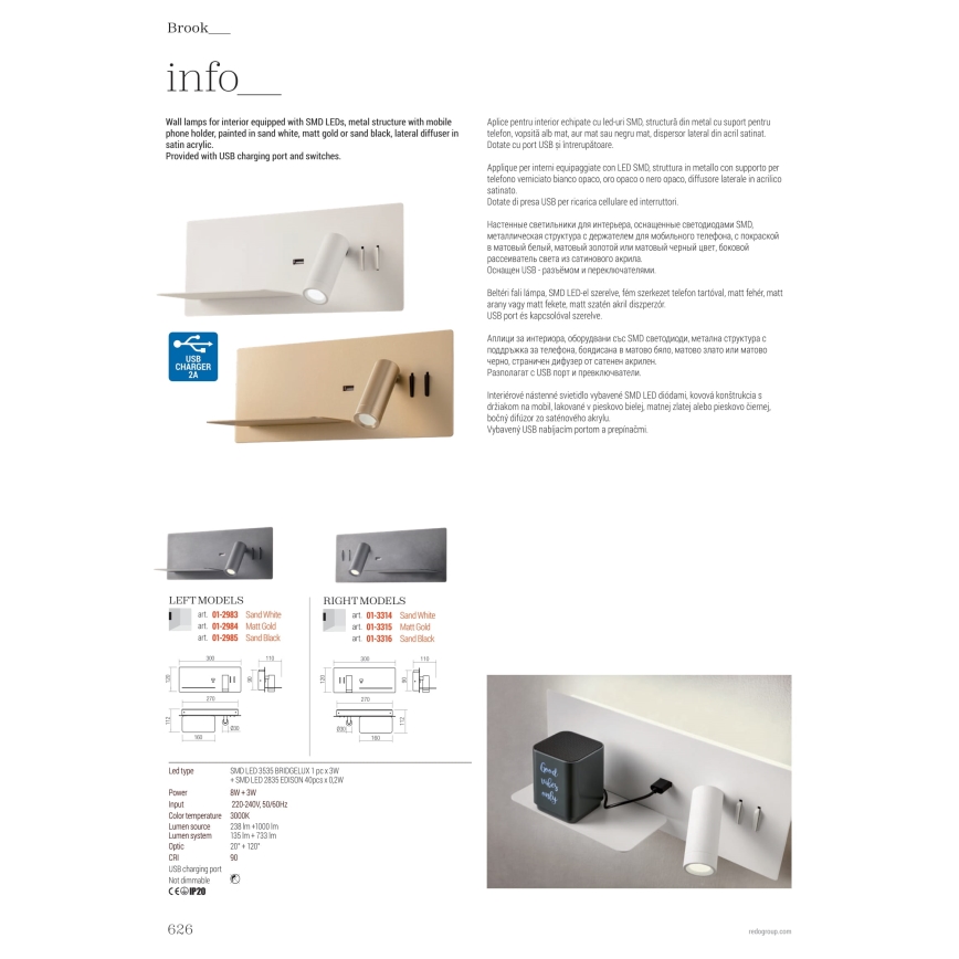 Redo 01-3316 - LED Fali spotlámpa BROOK LED/8W/230V + LED/3W USB CRI 90 fekete jobb