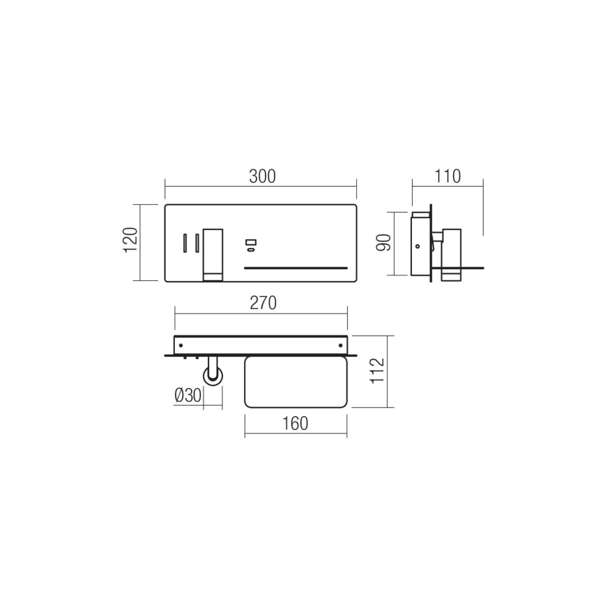 Redo 01-3316 - LED Fali spotlámpa BROOK LED/8W/230V + LED/3W USB CRI 90 fekete jobb