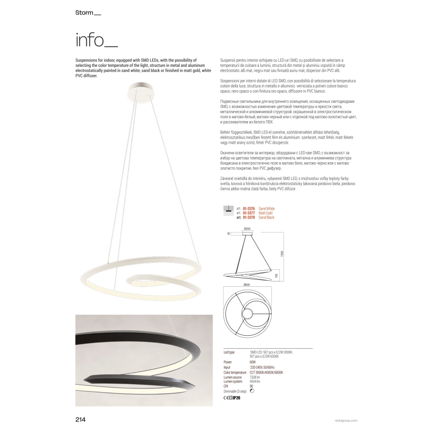 Redo 01-3378 - Dimmelhető LED kábeles csillár STORM LED/60W/230V 3000/4000/6000K Ra 90 átm. 80 cm fekete
