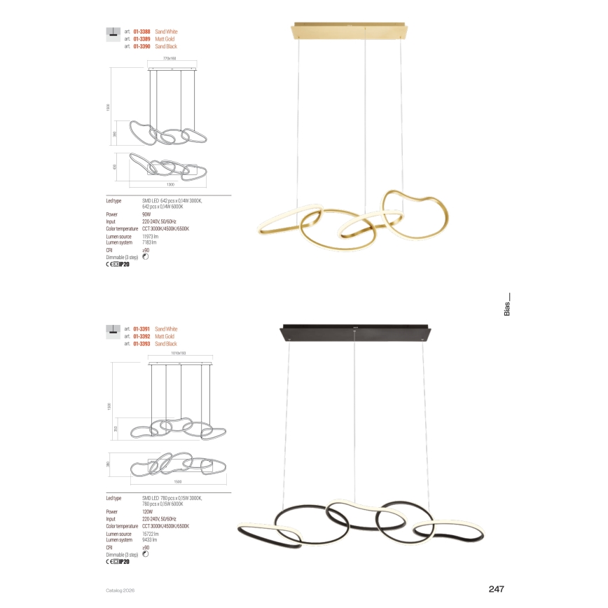 Redo 01-3389 - Dimmelhető kábeles LED csillár BIAS LED/90W/230V 3000/4500/6500K CRI 90 arany