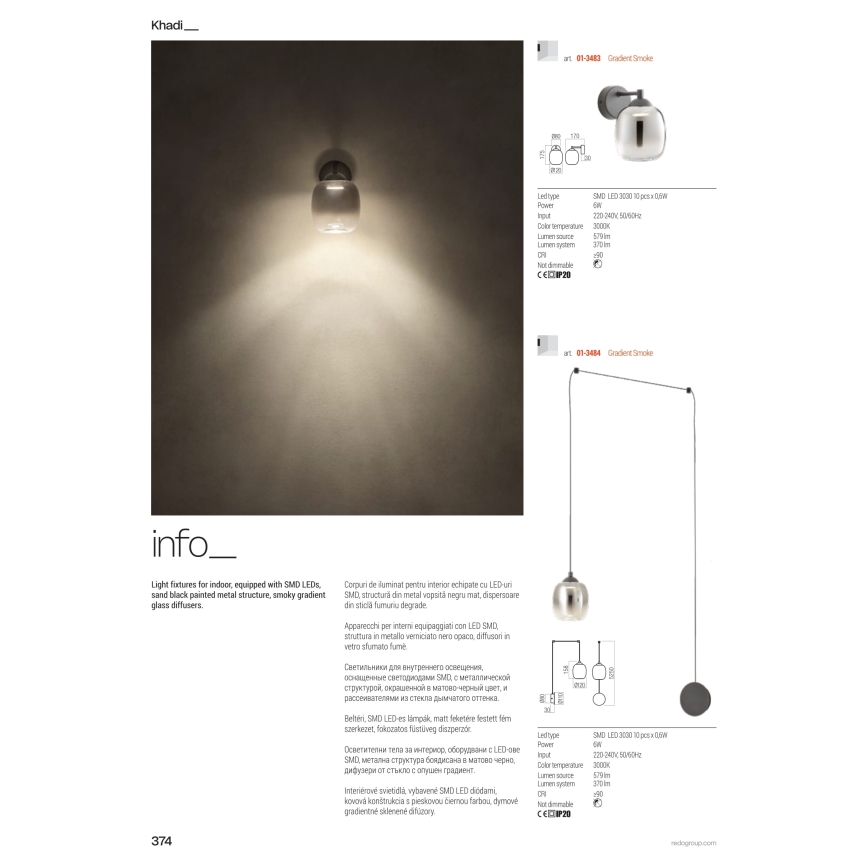 Redo 01-3490 - LED dimmelhető kábeles csillár KHADI 5xLED/5,2W/230V CRI 90 fekete/füstszínű