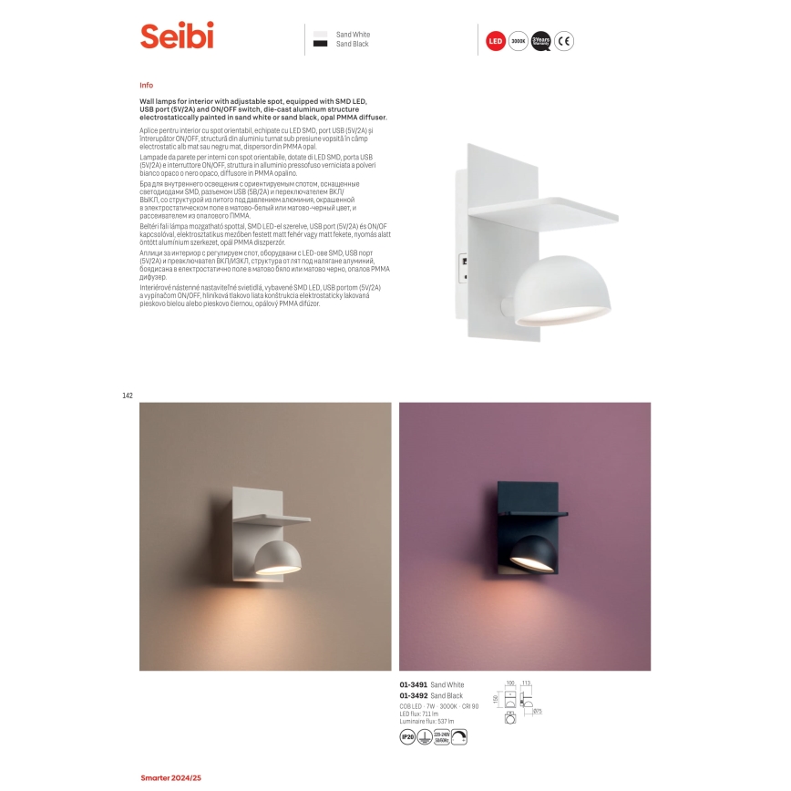 Redo 01-3491 - LED Fali spotlámpa SEIBI LED/7W/230V USB CRI 90 fehér