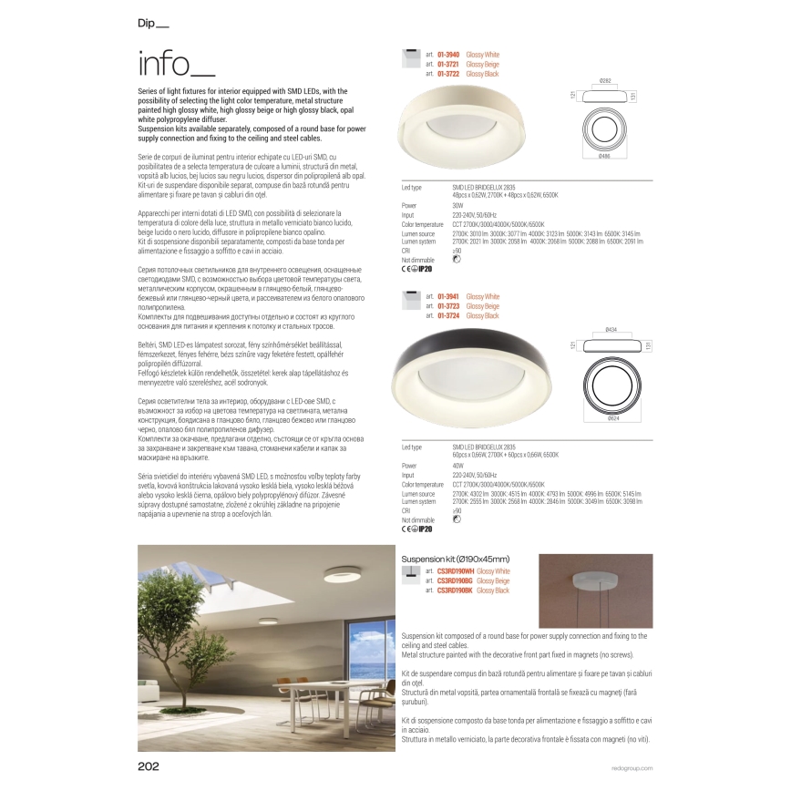 Redo 01-3723 - LED mennyezeti lámpa DIP LED/40W/230V 2700/3000/4000/5000/6500K CRI 90 átm. 62,4 cm bézs